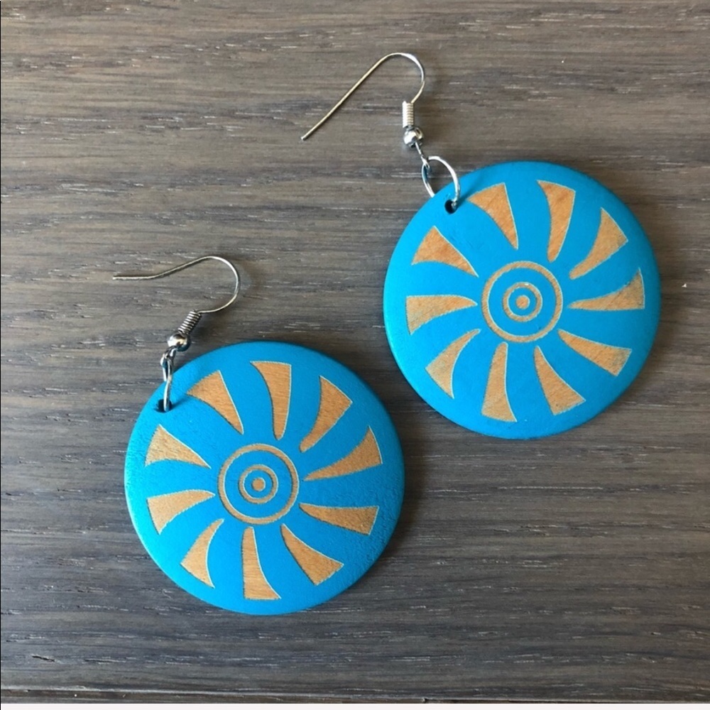 Blue wood sun carved dangling earrings cute unique boutique gift craft handmade